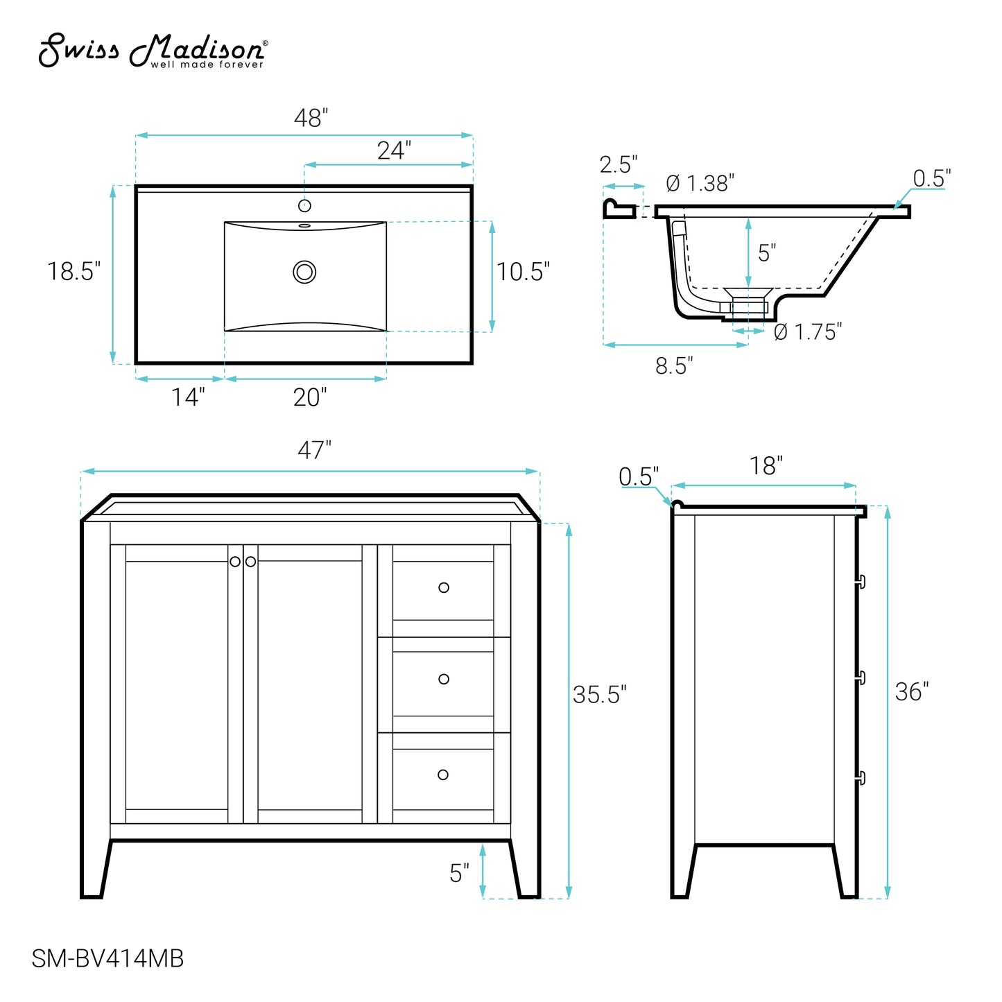 Swiss Madison, Cannes 48 in. White Bathroom Vanity With Black Ceramic Sink Top