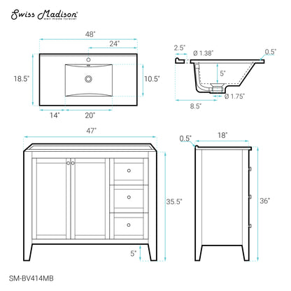 Swiss Madison, Cannes 48 in. White Bathroom Vanity With Black Ceramic Sink Top