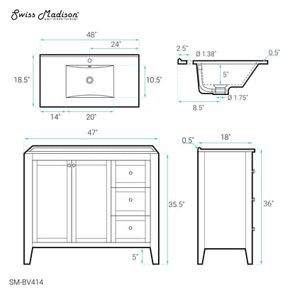 Swiss Madison, Cannes 48 Single, Two Doors, Three Drawers, Bathroom Vanity