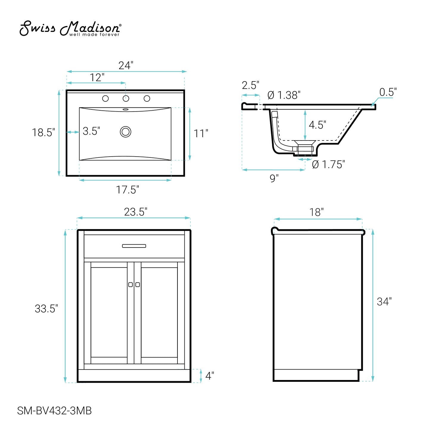Swiss Madison, Burdon 24 in. Brown Oak Bathroom Vanity With Black, 3-Hole Ceramic Sink Top