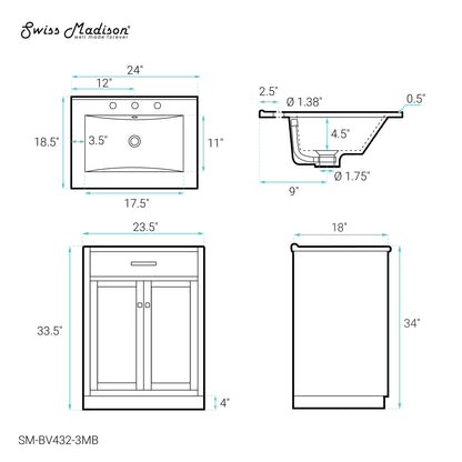 Swiss Madison, Burdon 24 in. Brown Oak Bathroom Vanity With Black, 3-Hole Ceramic Sink Top