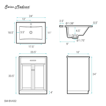 Swiss Madison, Burdon 24" Freestanding Bathroom Vanity in Weathered Oak with Sink Top