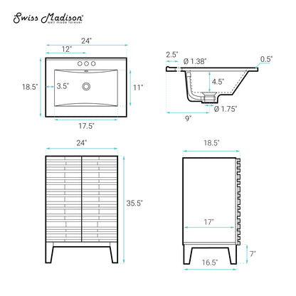Swiss Madison, Cascade 24" Freestanding Bathroom Vanity in Green Oak with Black 3-Hole Centerset Sink Top