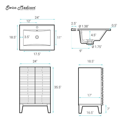 Swiss Madison, Cascade 24" Freestanding Bathroom Vanity in Green Oak with Sink Top