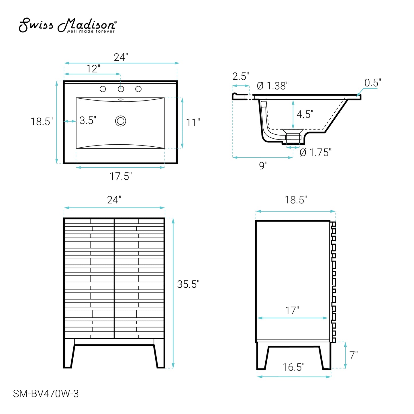 Swiss Madison, Cascade 24 in. White Oak Bathroom Vanity With White, 3-Hole Ceramic Sink Top