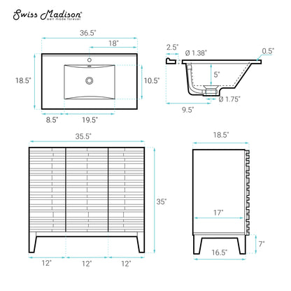 Swiss Madison, Cascade 36" Freestanding Bathroom Vanity in Green Oak with Sink Top