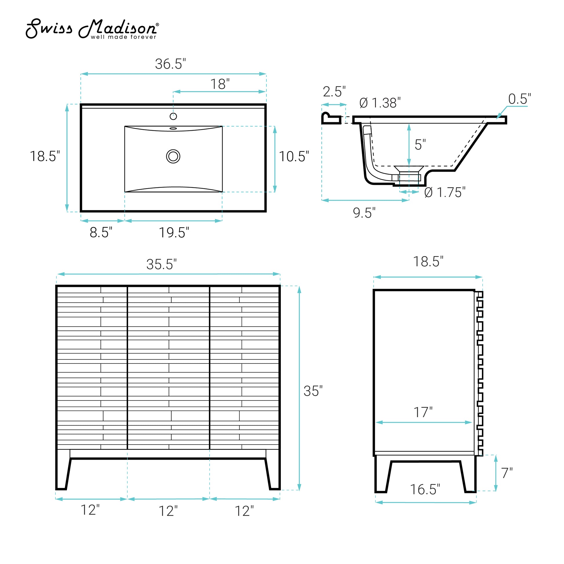 Swiss Madison Cascade 36-inch freestanding bathroom vanity in Green Oak — view 11