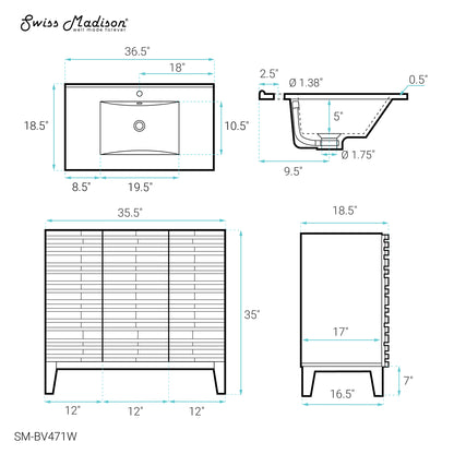 Swiss Madison, Cascade 36'' Bathroom Vanity in White