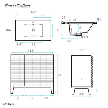 Swiss Madison, Cascade 36" Freestanding Bathroom Vanity in Natural oak with Sink Top