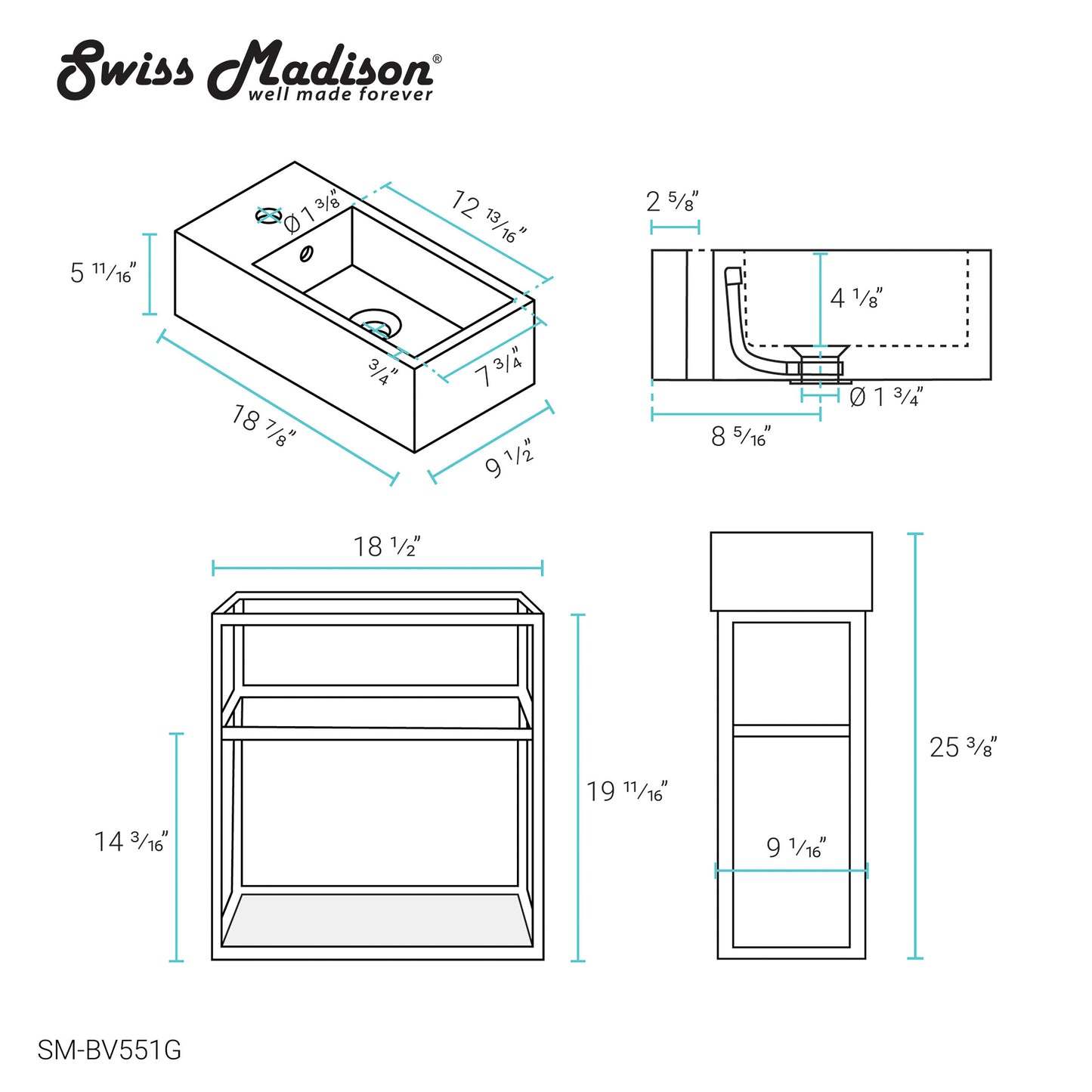 Swiss Madison, Pierre 19.5 Single, Open Shelf, Gold Metal Frame Bathroom Vanity