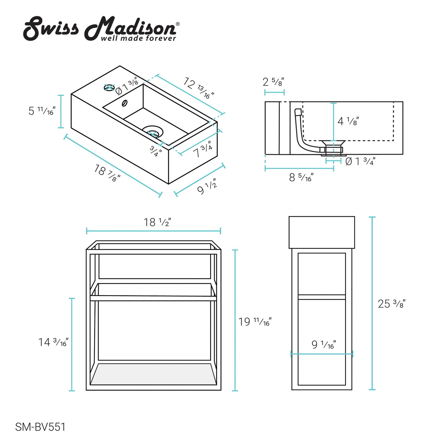 Swiss Madison, Pierre 19.5 Single, Metal Frame, Open Shelf, Bathroom Vanity