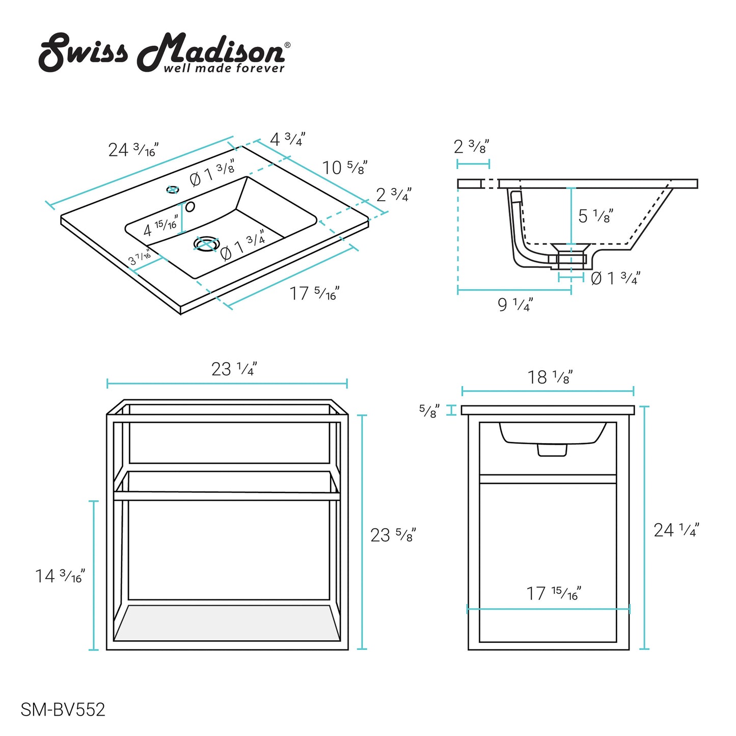 Swiss Madison, Pierre 24 Single, Metal Frame, Open Shelf, Bathroom Vanity