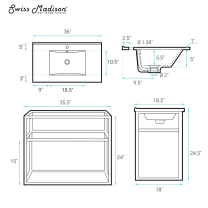 Swiss Madison, Pierre 36 Single, Metal Frame, Open Shelf, Bathroom Vanity