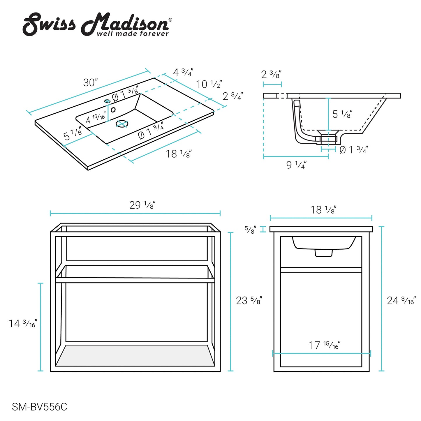 Swiss Madison, Pierre 30 Single, Open Shelf, Chrome Metal Frame Bathroom Vanity