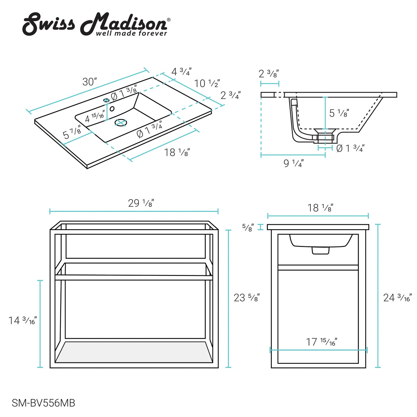 Swiss Madison, Pierre 30 Single, Open Shelf, Matte Black Metal Frame Bathroom Vanity