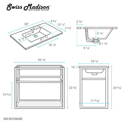 Swiss Madison, Pierre 30 Single, Open Shelf, Matte Black Metal Frame Bathroom Vanity