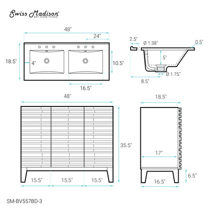 Swiss Madison, Cascade 48 in. Black Oak, Double Basin Bathroom Vanity With White, 3-Hole Ceramic Sink Top