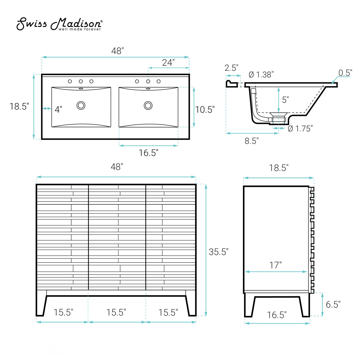 Swiss Madison, Cascade 48" Freestanding Bathroom Vanity in Green Oak with Black 3-Hole Widespread Double Basin Sink Top