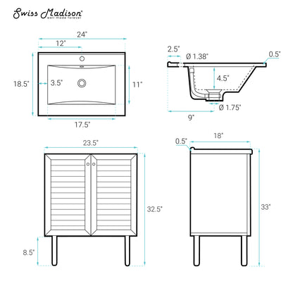 Swiss Madison, Bron 24" Freestanding Bathroom Vanity in Brown Oak with Black Sink Top