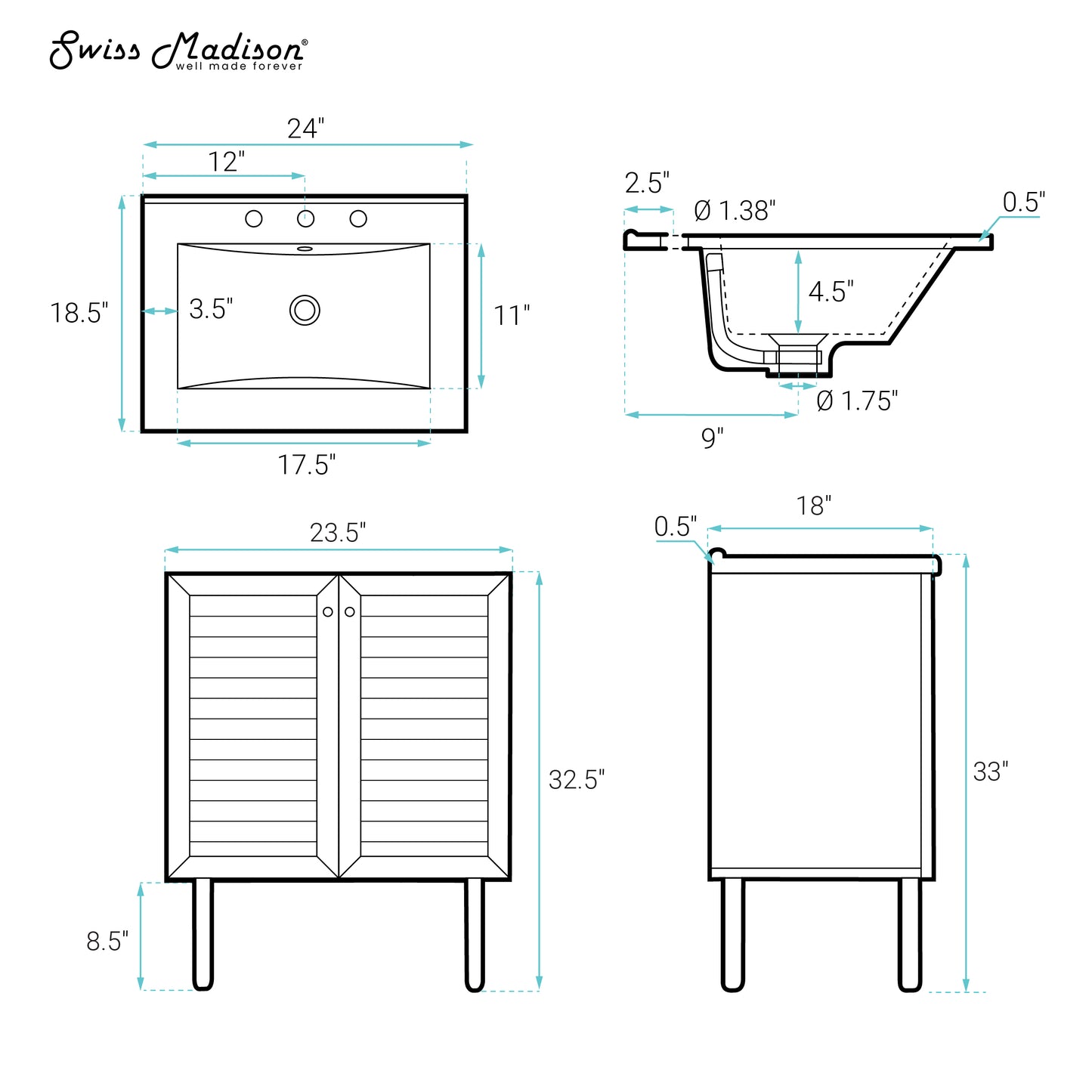 Swiss Madison, Bron 24" Freestanding Bathroom Vanity in White Oak with 3-Hole Widespread Sink Top