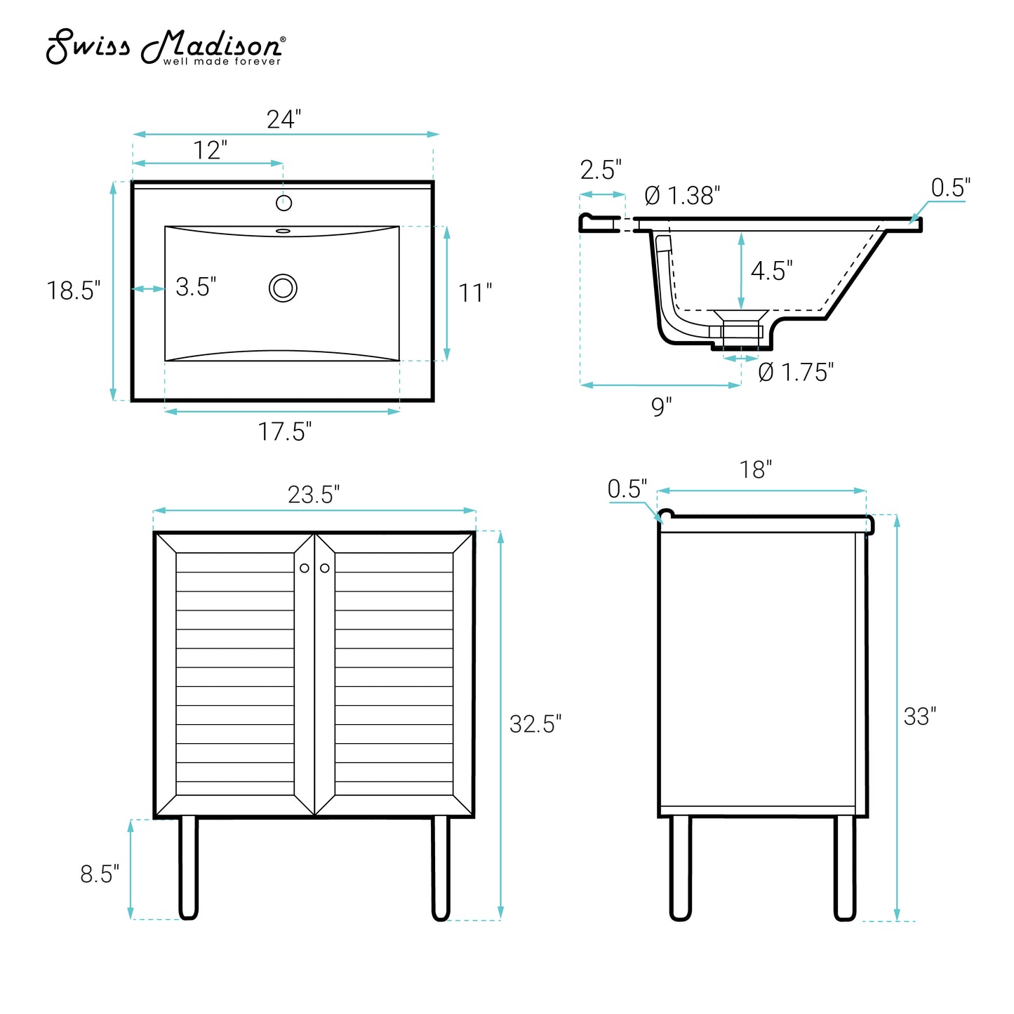 Swiss Madison, Bron 24" Freestanding Bathroom Vanity in White Oak with Black Sink Top