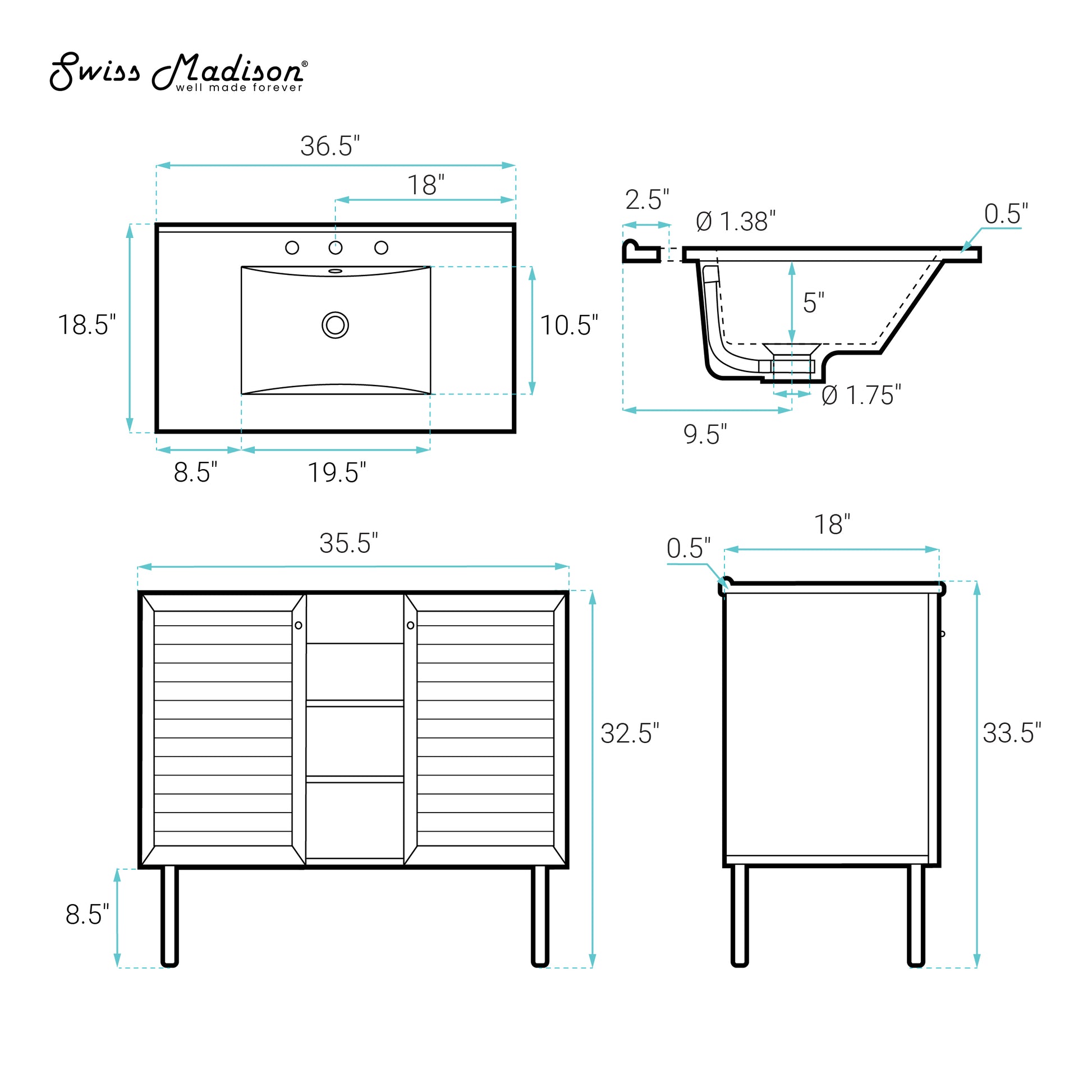 Swiss Madison Bron 36-inch freestanding bathroom vanity in Brown Oak — view 6