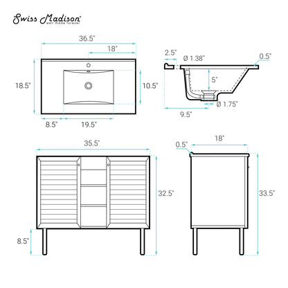 Swiss Madison, Bron 36" Freestanding Bathroom Vanity in Brown Oak with Black Sink Top