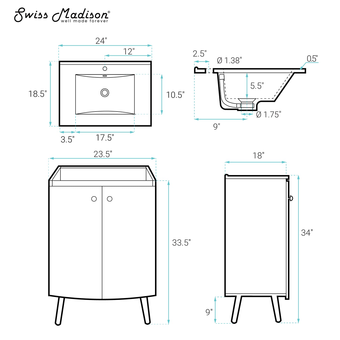 Swiss Madison, Manoir 24" Freestanding Bathroom Vanity in White with Sink Top