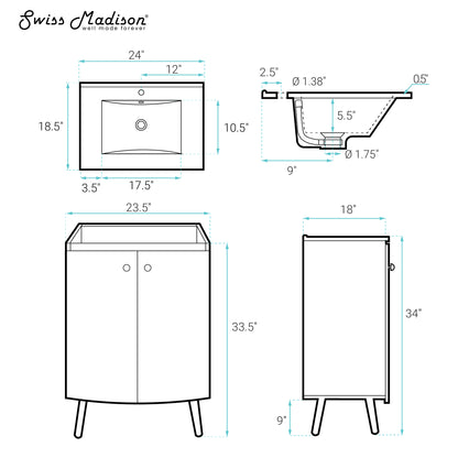 Swiss Madison, Manoir 24" Freestanding Bathroom Vanity in White with Sink Top