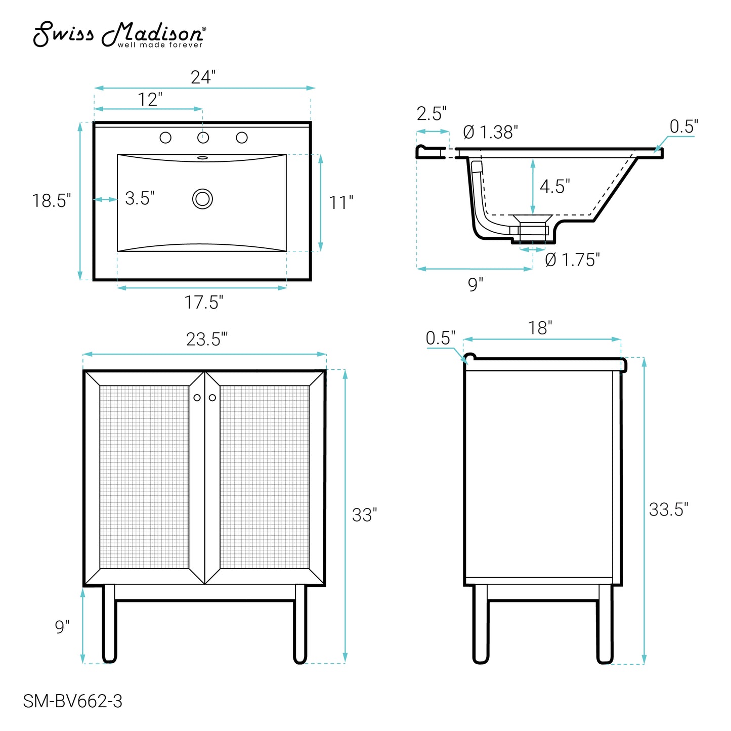 Swiss Madison, Classe 24" Freestanding Bathroom Vanity in Golden Oak with 3-Hole Centerset Sink Top