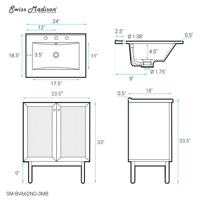 Swiss Madison, Classe 24" Freestanding Bathroom Vanity in Natural Oak with Black 3-Hole Centerset Sink Top