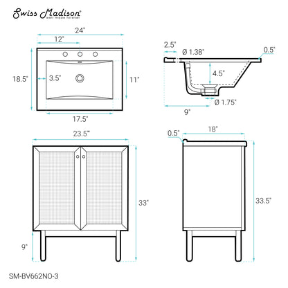 Swiss Madison, Classe 24" Freestanding Bathroom Vanity in Natural Oak with 3-Hole Centerset Sink Top