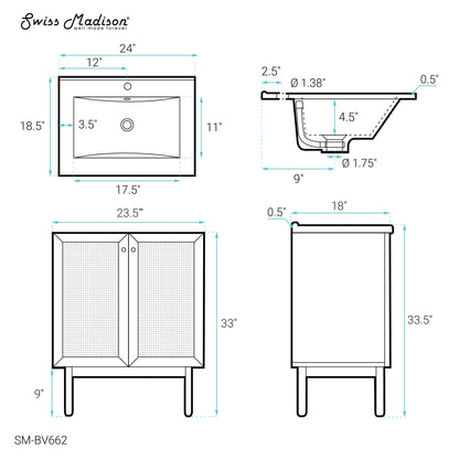 Swiss Madison, Classe 24" Freestanding Bathroom Vanity in Golden Oak with Sink Top