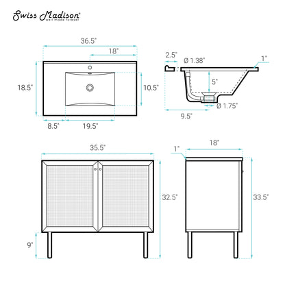 Swiss Madison, Classe 36" Freestanding Bathroom Vanity in Black Oak with Sink Top