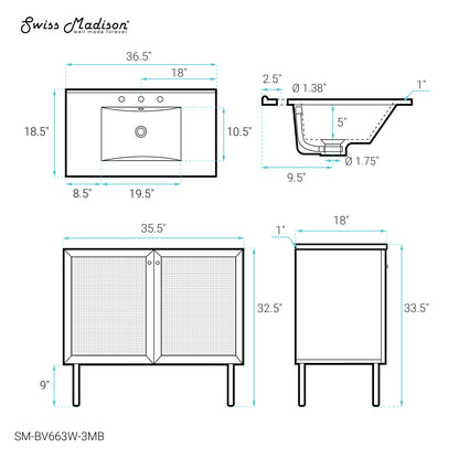 Swiss Madison, Classe 36" Freestanding Bathroom Vanity in White Oak with Black 3-Hole Widespread Sink Top