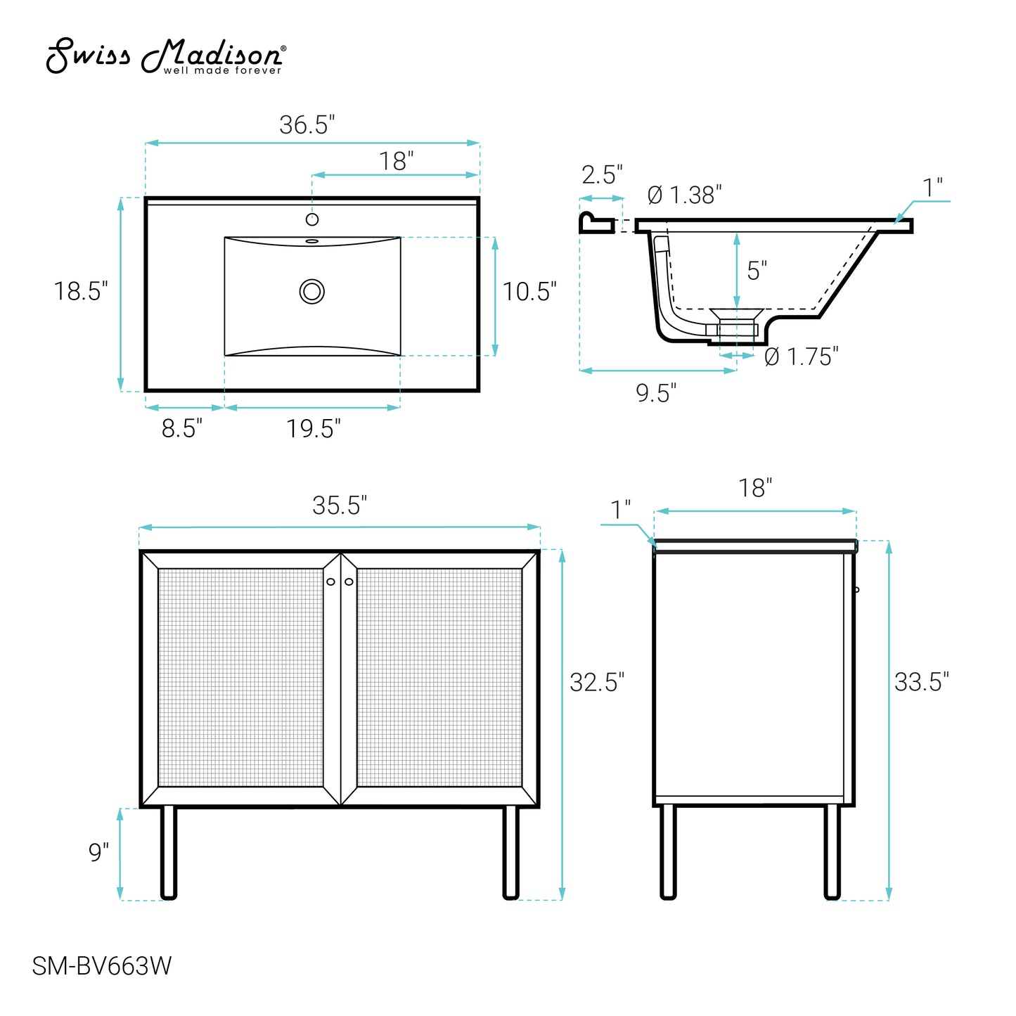 Swiss Madison, Classe 36" Freestanding Bathroom Vanity in White Oak with Sink Top