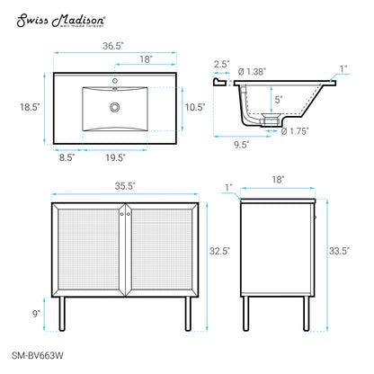 Swiss Madison, Classe 36" Freestanding Bathroom Vanity in White Oak with Sink Top