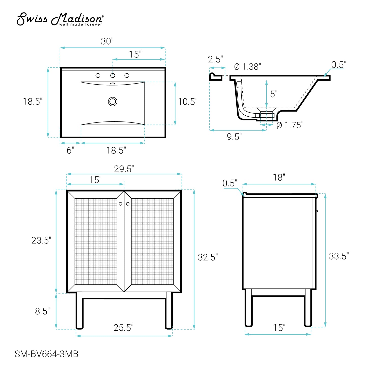 Swiss Madison, Classe 30" Freestanding Bathroom Vanity in Golden Oak with Black 3-Hole Widespread Sink Top