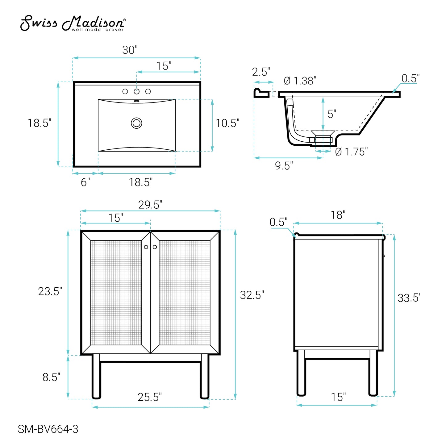 Swiss Madison, Classe 30" Freestanding Bathroom Vanity in Golden Oak with 3-Hole Widespread Sink Top