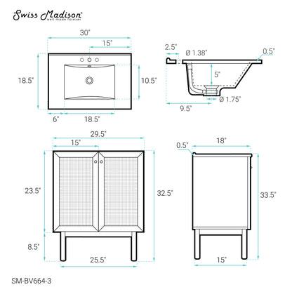 Swiss Madison, Classe 30" Freestanding Bathroom Vanity in Golden Oak with 3-Hole Widespread Sink Top