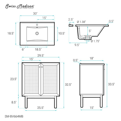 Swiss Madison, Classe 30" Freestanding Bathroom Vanity in Golden Oak with Black Sink Top