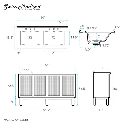 Swiss Madison, Classe 60" Freestanding Bathroom Vanity in Golden Oak with Black 3-Hole Widespread Double Basin Sink Top