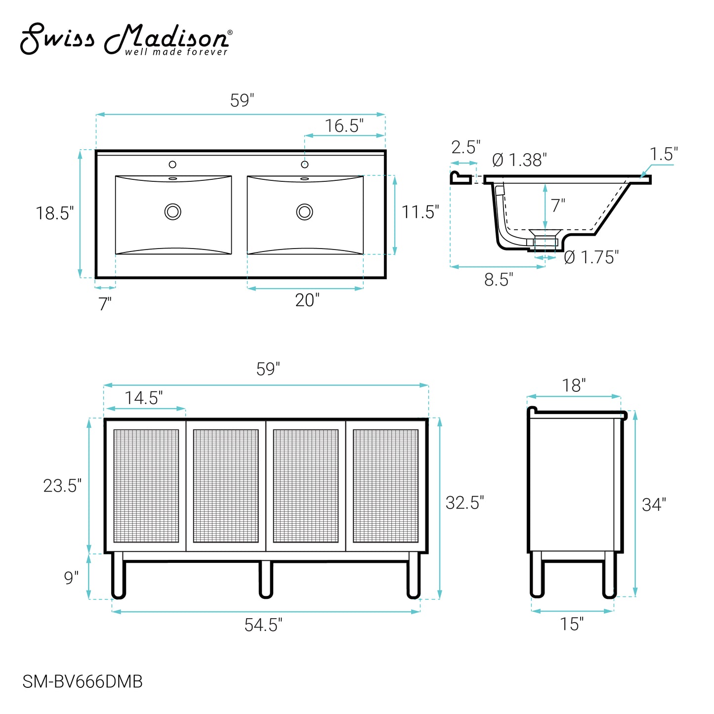 Swiss Madison, Classe 60" Freestanding Bathroom Vanity in Golden Oak with Black Double Basin Sink Top