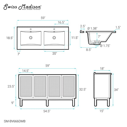 Swiss Madison, Classe 60" Freestanding Bathroom Vanity in Golden Oak with Black Double Basin Sink Top