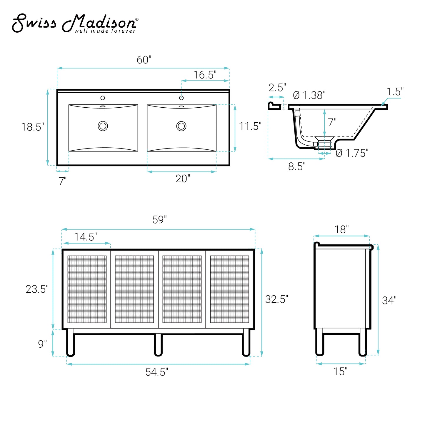 Swiss Madison Classe 60-inch freestanding bathroom vanity in Golden Oak — view 12