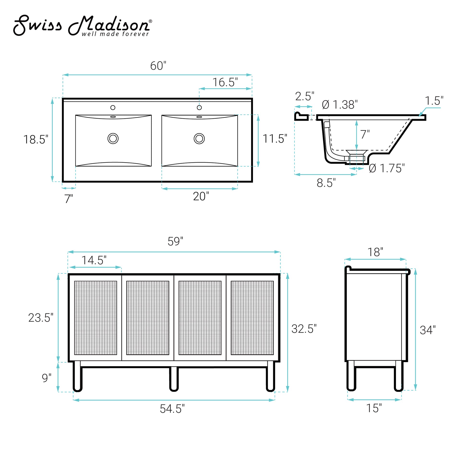 Swiss Madison Classe 60-inch freestanding bathroom vanity in Golden Oak — view 12