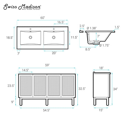 Swiss Madison Classe 60-inch freestanding bathroom vanity in Golden Oak — view 12