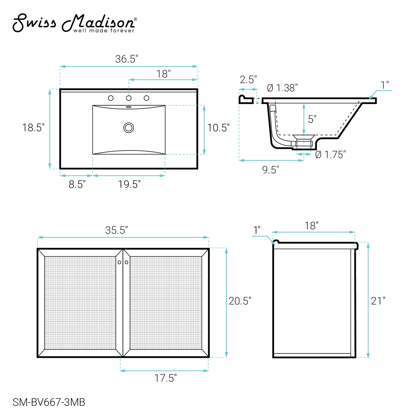 Swiss Madison, Classe 36 in. Brown Oak Wall Hung Bathroom Vanity With Black, 3-Hole Ceramic Sink Top