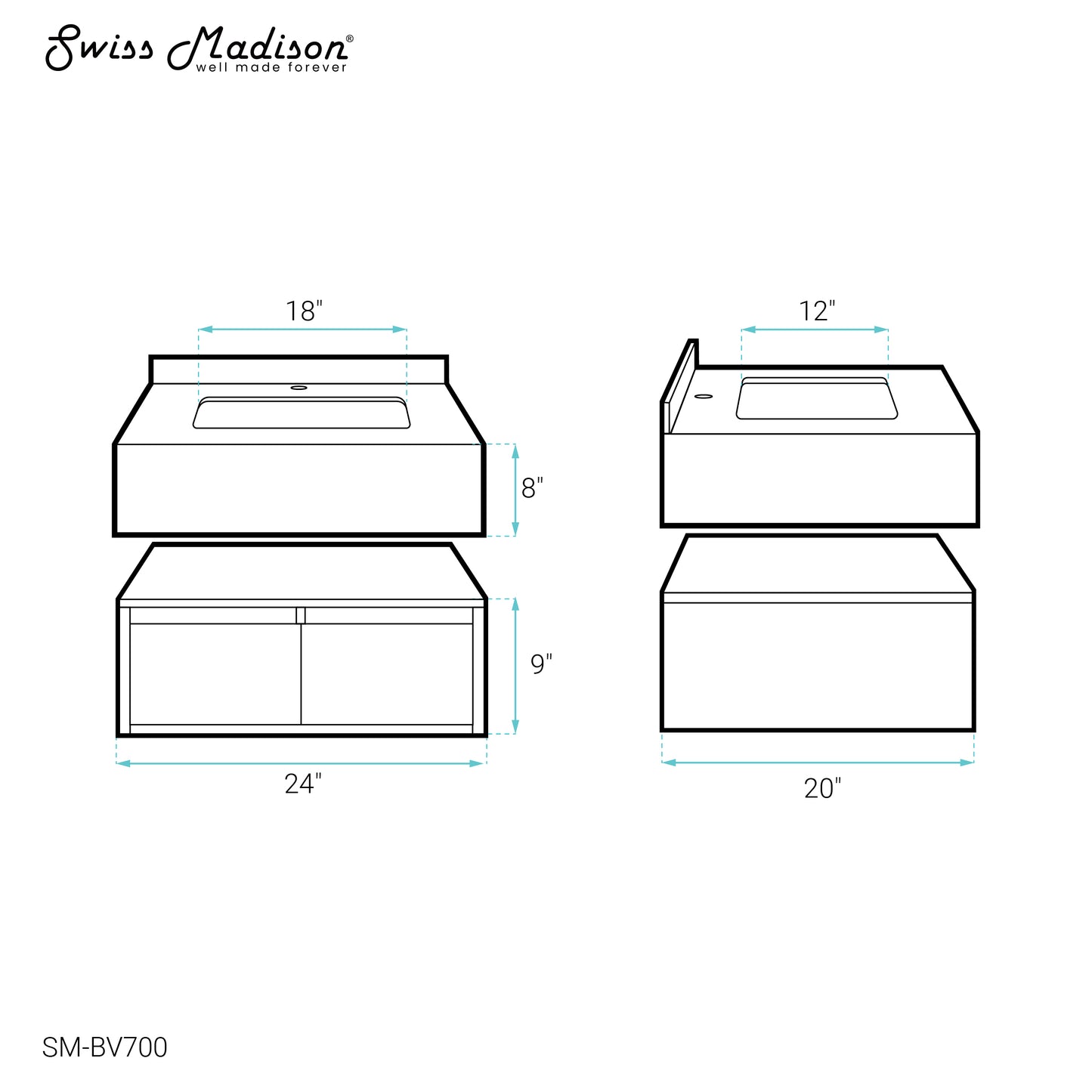 Swiss Madison, Avancer 24" Wall-Mounted Bathroom Vanity in Weathered Oak with Sink Top