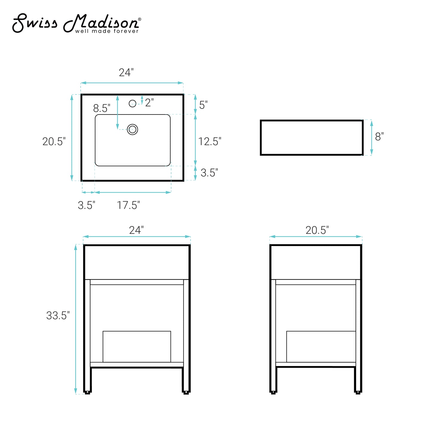 Swiss Madison, Beau 24" Open Shelf Natural Oak Frame Freestanding Bathroom Vanity with Sink Top